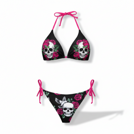 Bikini Negro Calaveras Flores Rojas